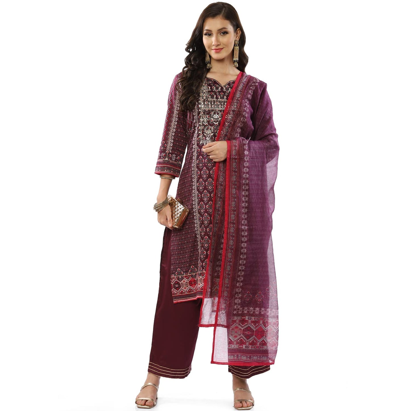 BIBA WOMEN PRINTED NARROW SALWAR KURTA DUPATTA(SKDINAYAT8188_WINE_38)