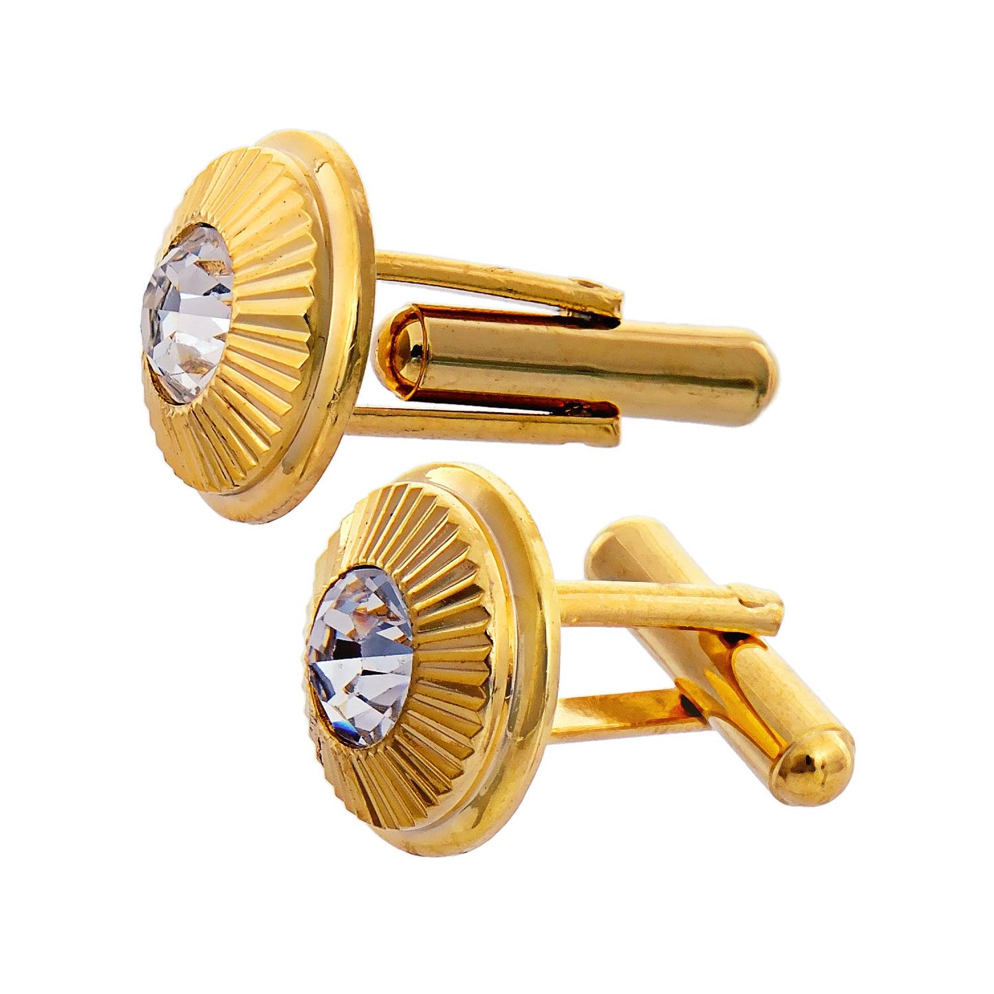 Lucky Jewellery Unique Men Jewelry White Color Stone Gold Plated Sleeve Button Formal Cuff Button Wedding Shirt Button, Suit, Blazer Cufflinks Pair Gift Set For Men (189-M4C4-STTM40RD-W)