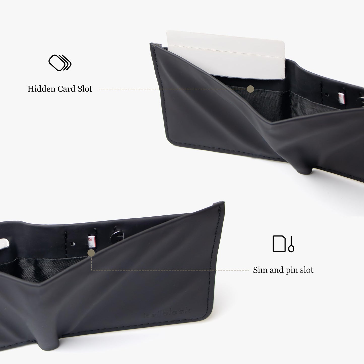 Bellblock Slim Sleeve Bifold Minimal Wallet for Men/Women | Slim Handcrafted Wallet | with Sim, Mobile Pin & Hidden Extra Card Slots | Vegan Leather | Black