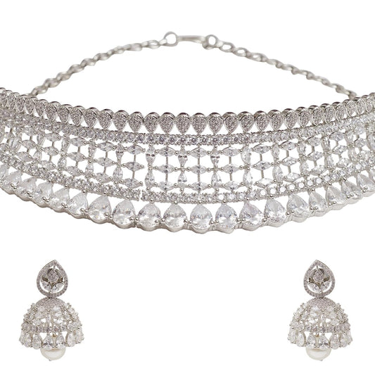 VOYLLA Cz Elegance Silver Plated Shiny Necklace Set For Women|Womens Jewellery Set|Gift For Women|Womens Gift|Gift For Her|
