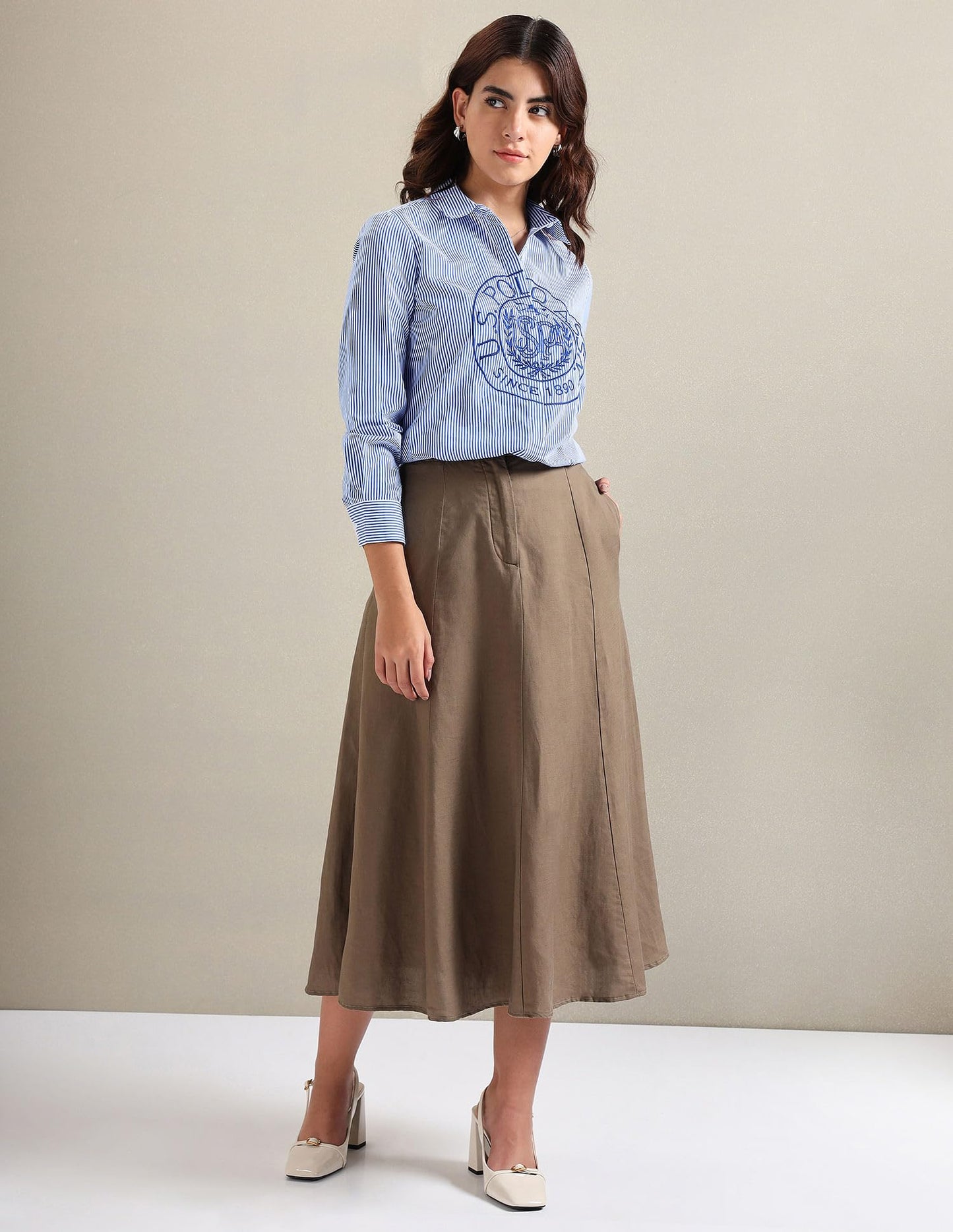 U.S. POLO ASSN. Women's Vertical Stripe Embroidered Shirt (UWAW23SH040_Blue_XL)