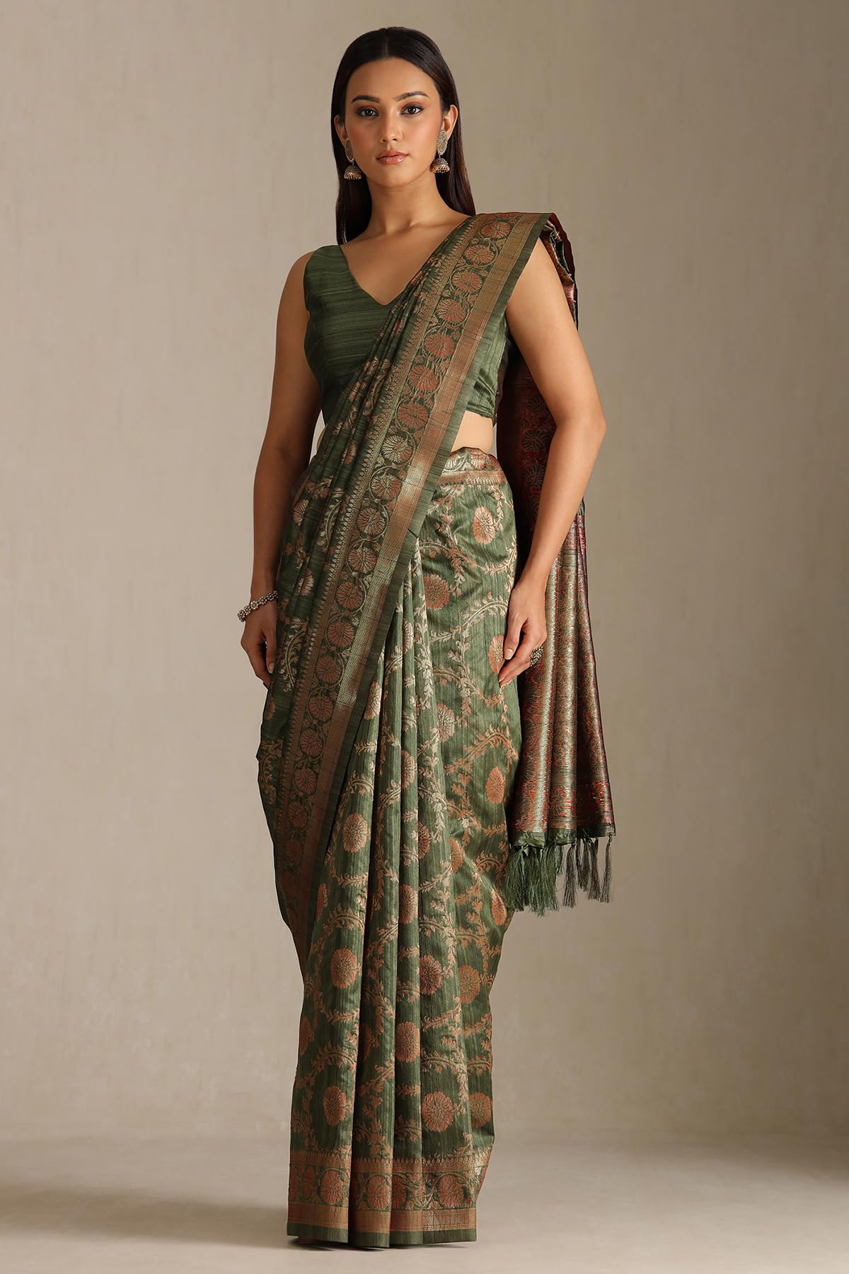 Soch Womens Tussar Floral Print Saree With Zari Woven