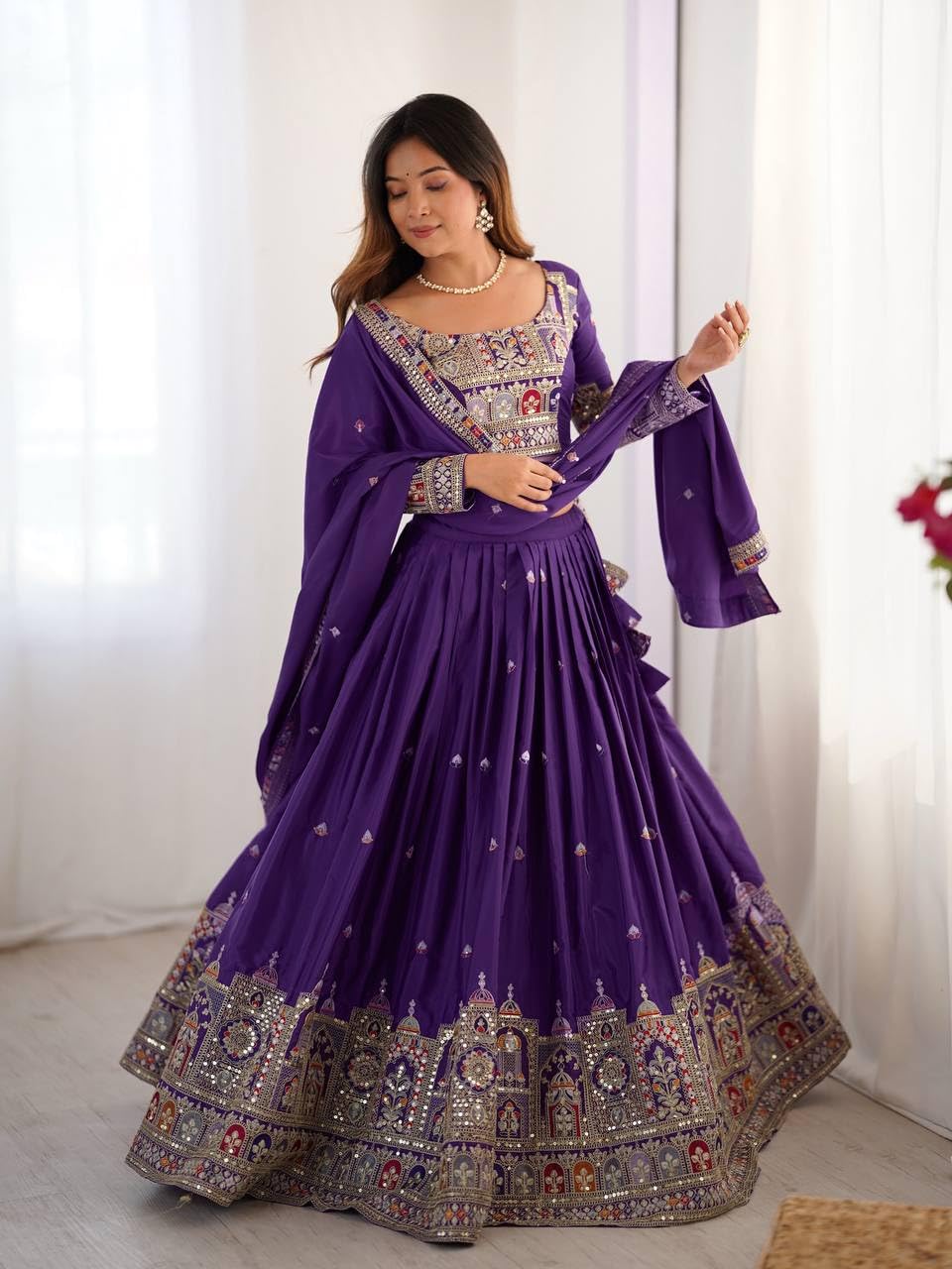 JIHU CULTURE Women's Natural Silk Coding Dori With Sequence Embroidery Work Semi Sttiched Lehenga Choli Set For Wedding (Purple)