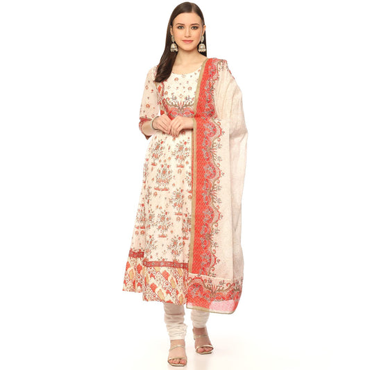 BIBA WOMEN PRINTED FITTED SALWAR KURTA DUPATTA(SKDVINTAGE 8652_CREAM_38)