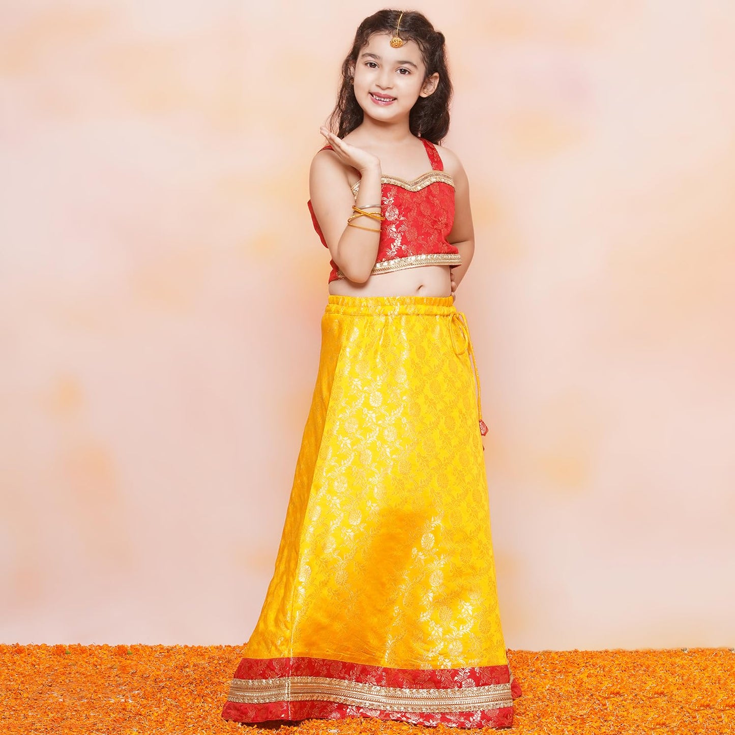 AJ DEZINES Kids Ethnic Wear Jacquard Brasso Printed Sleeveless Yellow Lehenga Choli Set For Girls (G-LH11-YELLOW-38)