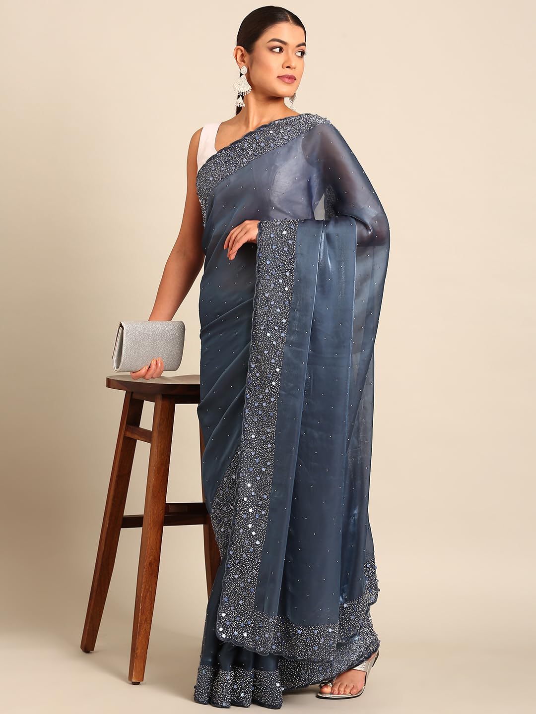 MOHEY Grey Organza Embroidery|Stone Work Saree for Women
