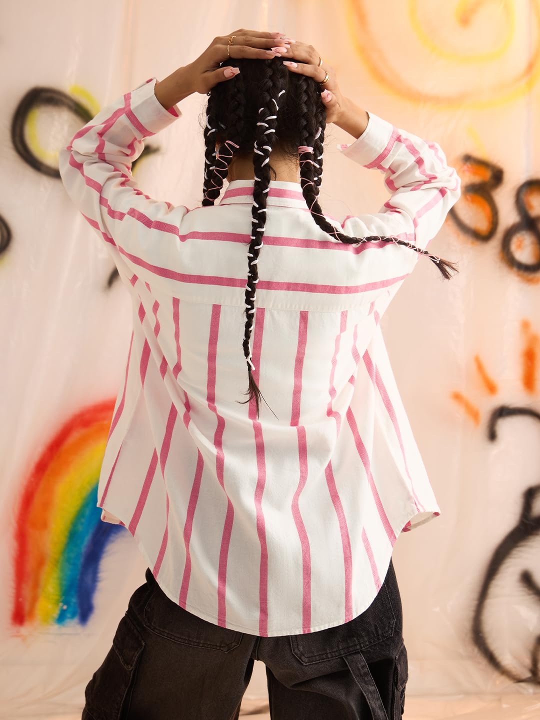 The Souled Store Pink Stripes: Clover Bunny Women and Girls Long Sleeves Spread Collar Button Front Striped Embroidered Cotton Oversized Fit Lightweight Comfortable All-Season Boyfriend Shirt