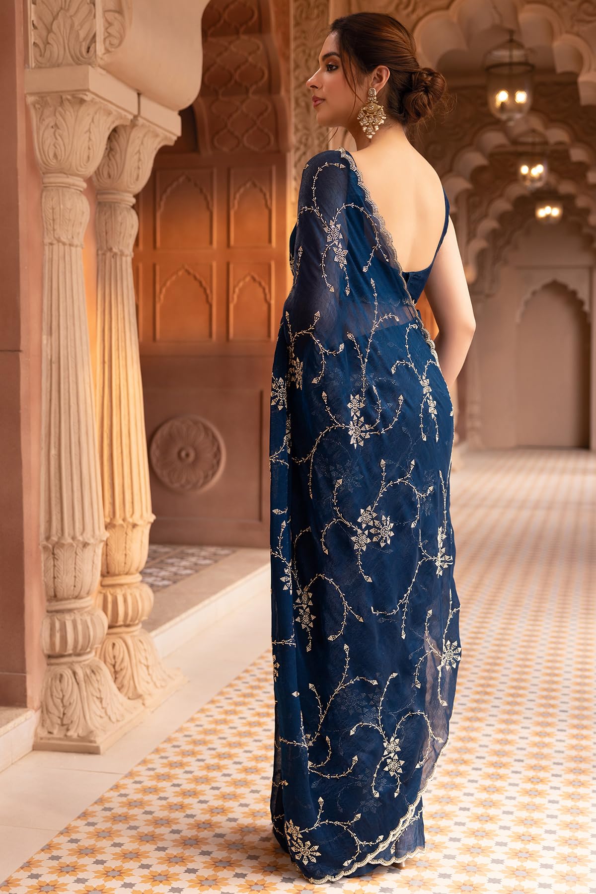 Soch Womens Teal Blue Organza Saree With Stone Work