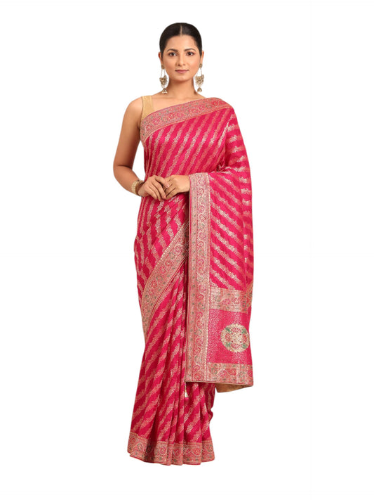 MOHEY Women's Art Silk Hand Embroidered|Bel Buti Patterned Saree (Rani)