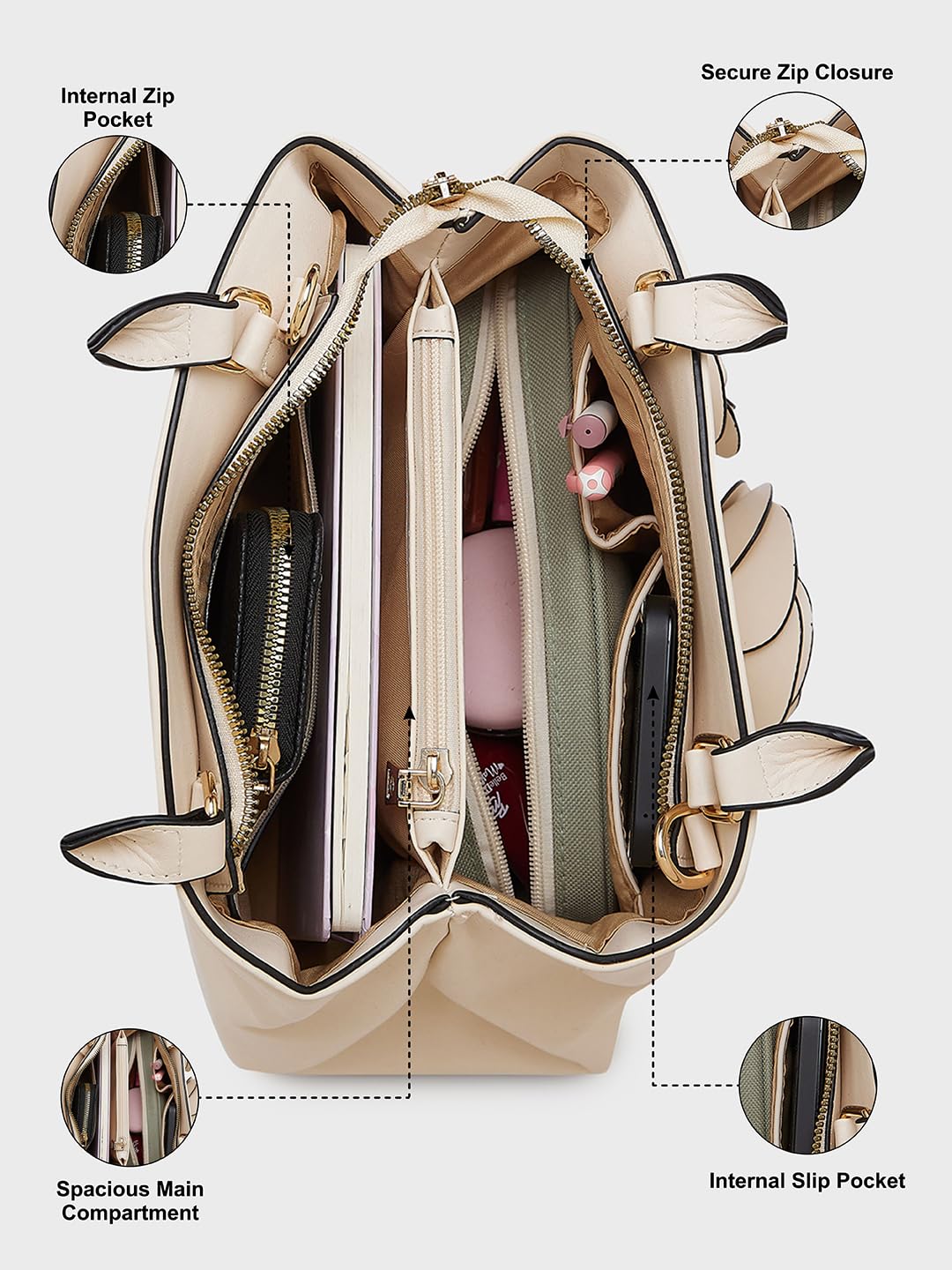 Caprese Bloom Satchel Small Off White Bag for Women with Adjustable & Detachable Strap|Versatile Shoulder, Crossbody Bag for Work, Travel, and Everyday Use, Spacious with Multiple Compartments