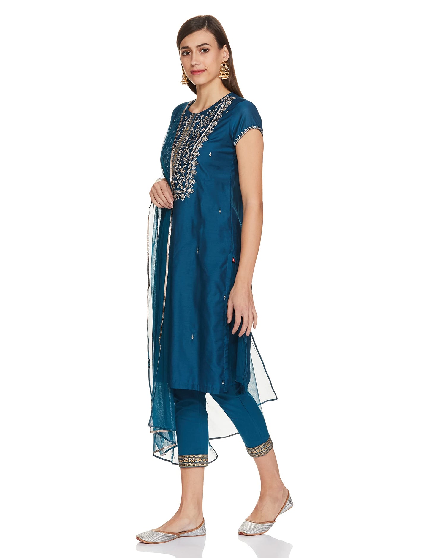 BIBA WOMEN SOLID; EMBROIDRED NARROW SALWAR KURTA DUPATTA(SKDASSORTED7700_TEAL_38)