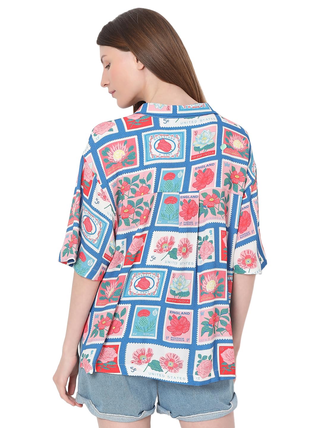 VERO MODA Women Graphic Print Blue Viscose Oversized Shirt