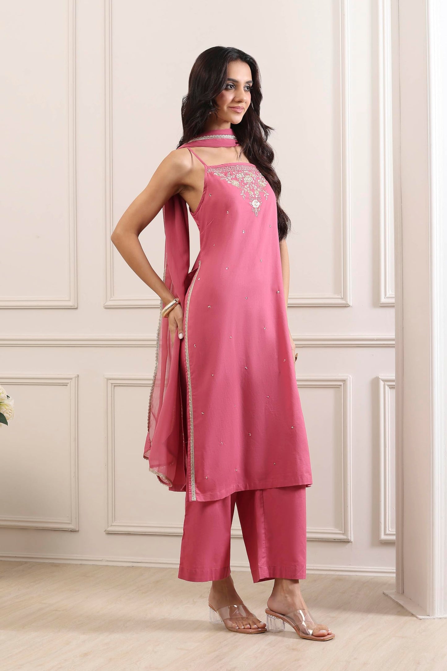 Biba Women Pink Cotton Straight Suit Set_30