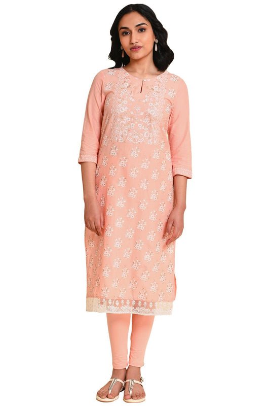 W for Woman Peach Glitter Printed Kurta_23FEW19021-121385_L