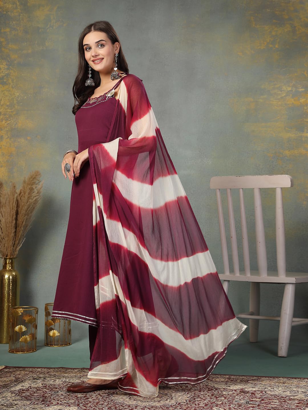 Stylum Women's Solid & Embroidered Poly Crepe A-Line Kurta Pant Dupatta Set