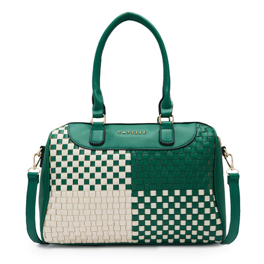 Caprese Aria Satchel, Medium Dual Colored-Green | Chic & Stylish Woven Handbag for Women with Secure Top Zip | Perfect for Office & Daily Essentials