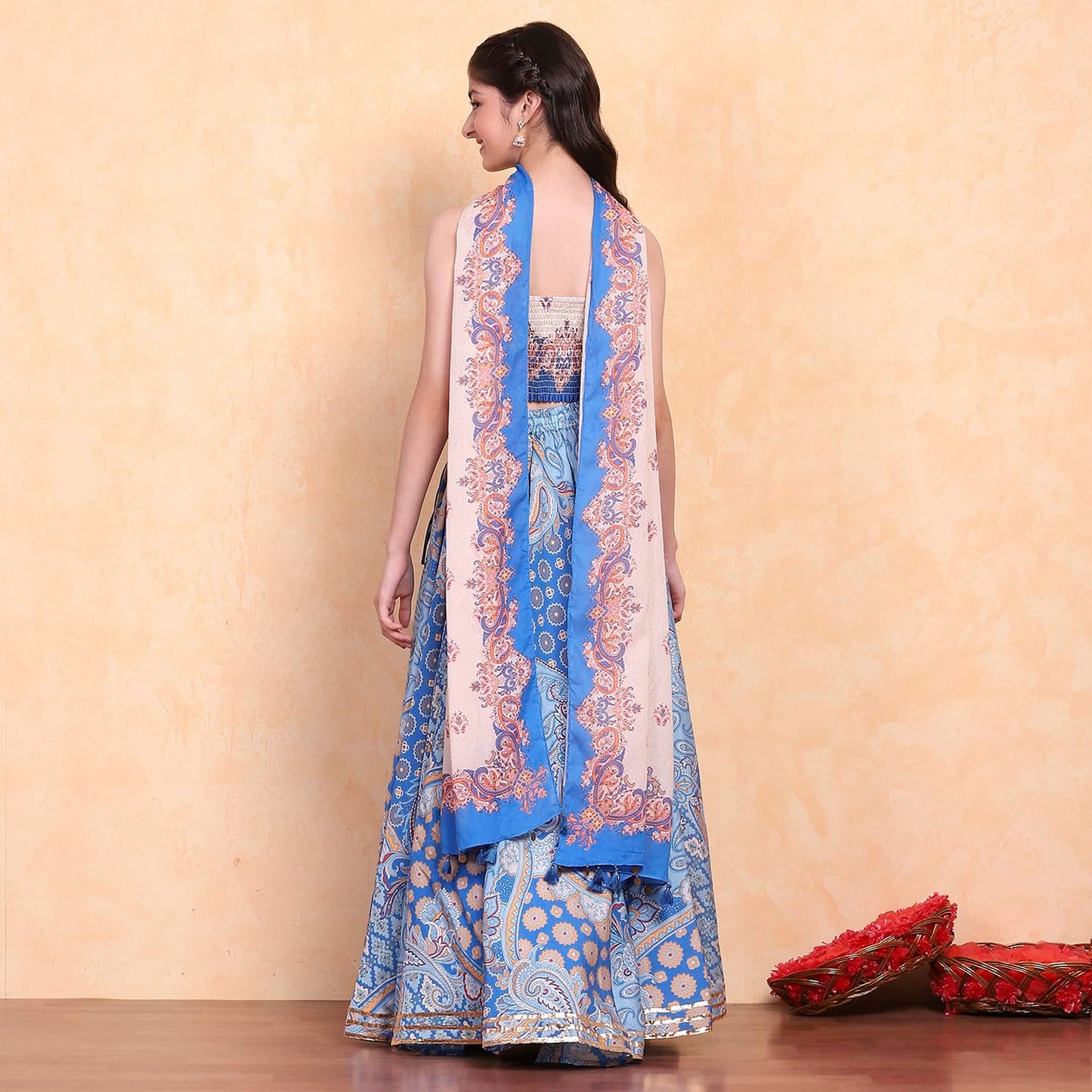 Biba Girl's Viscose Blend Lehenga Set (KWBOHEMIA6403SS25ELCBLU_Electric Blue_14-15 Year)