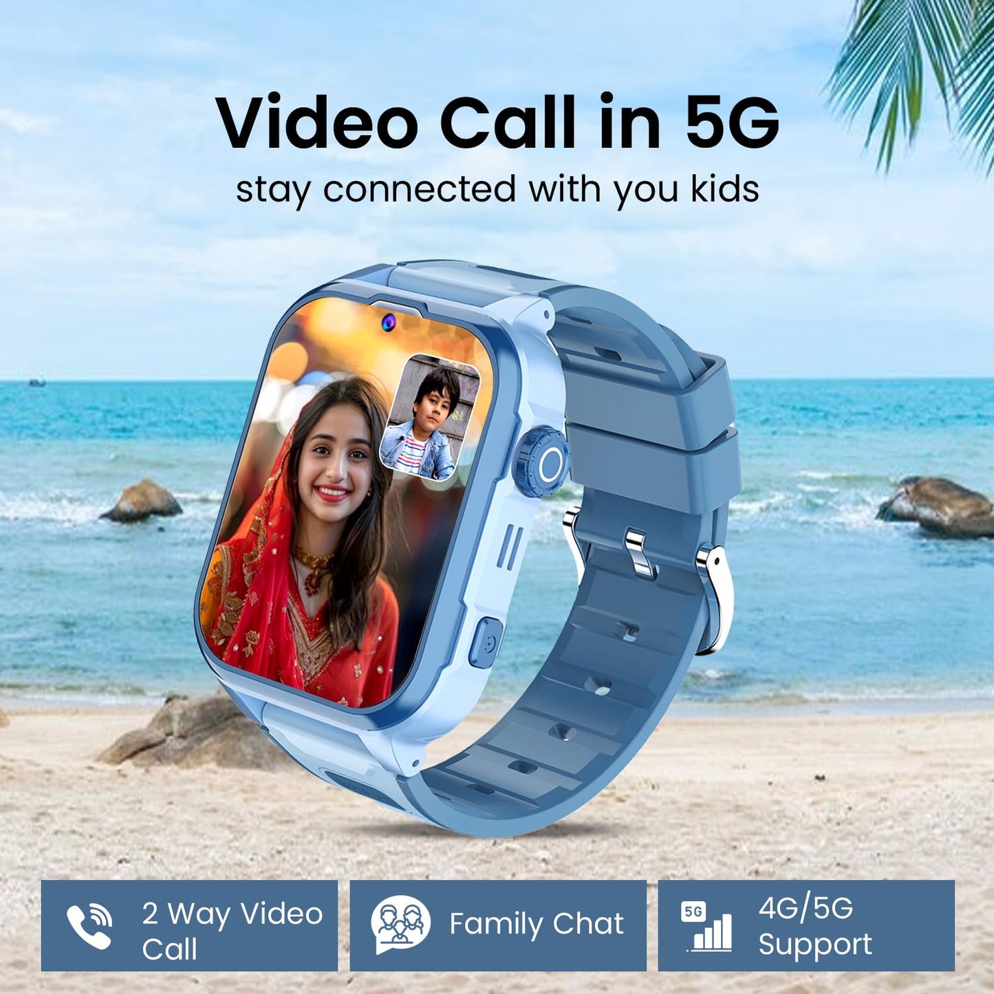 PunnkFunnk Newly Launched Safeguard 5G/4G Kids Smart Watch with SIM Calling, GPS Tracker, Video Call, SOS Alerts, Face Unlock, Games, IP67, 800mAh Battery, Voice Chat, Live Location(Light Blue)