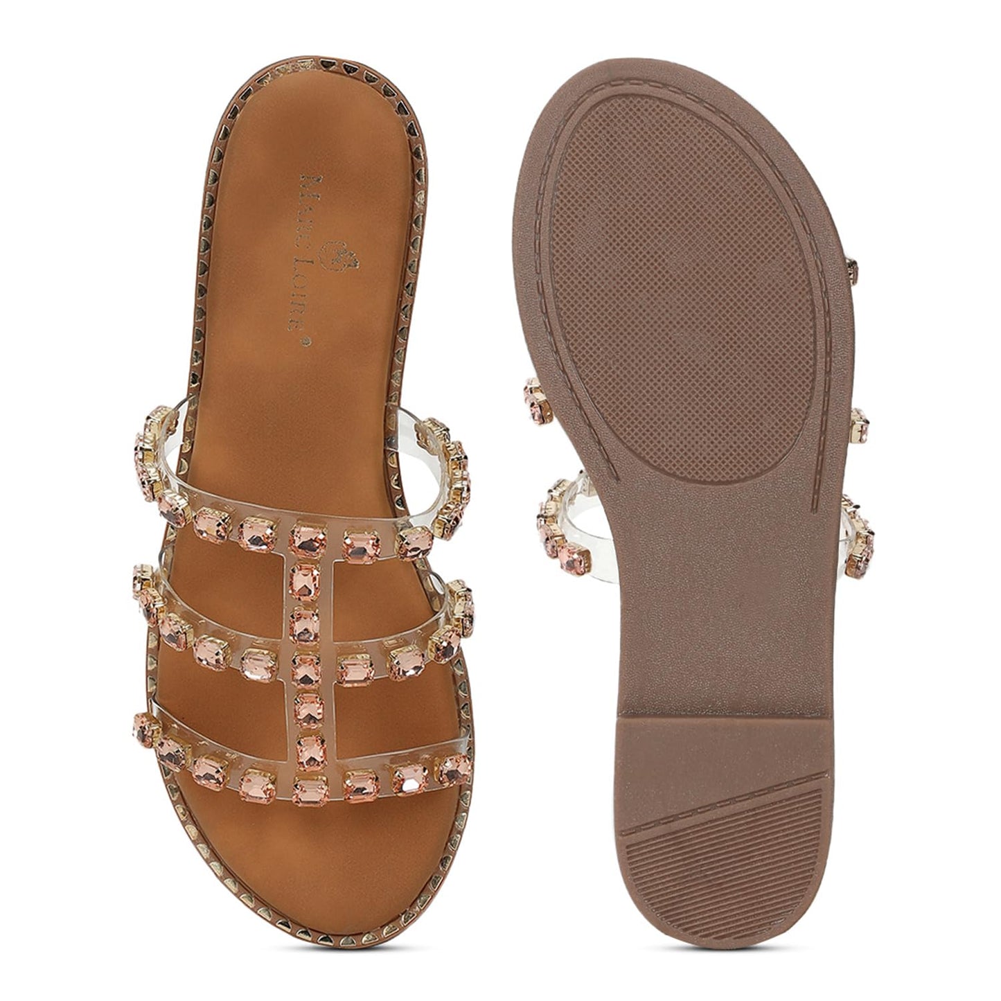 Marc Loire Women Embellished Ethnic Flats | Slip-On Open Toe Fashion Sandals with Comfortable Sole | Stylish Traditional Chappals (Rose Gold, UK Footwear Size System, Adult, Women, Numeric, Medium, 7)