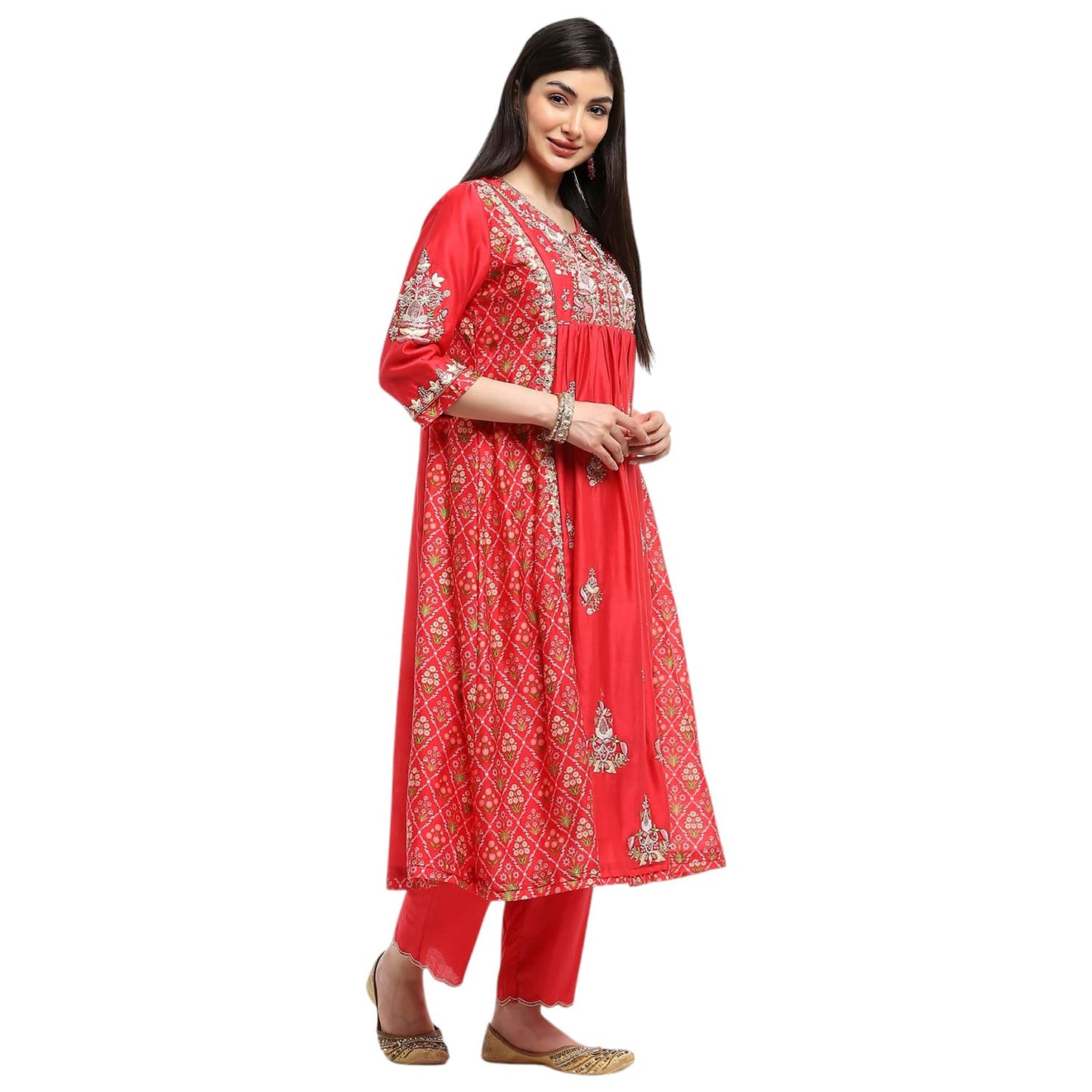 Biba Women's Silk Chanderi Kurta Set (SKDKALKR9823AW24CRLRED_Coral-Red