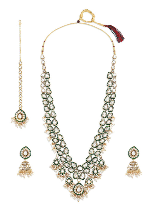 ZAVERI PEARLS Green Meenakari Kundan Bridal Long Dazzling Necklace Earring Maangtikka Set For Women-ZPFK17761