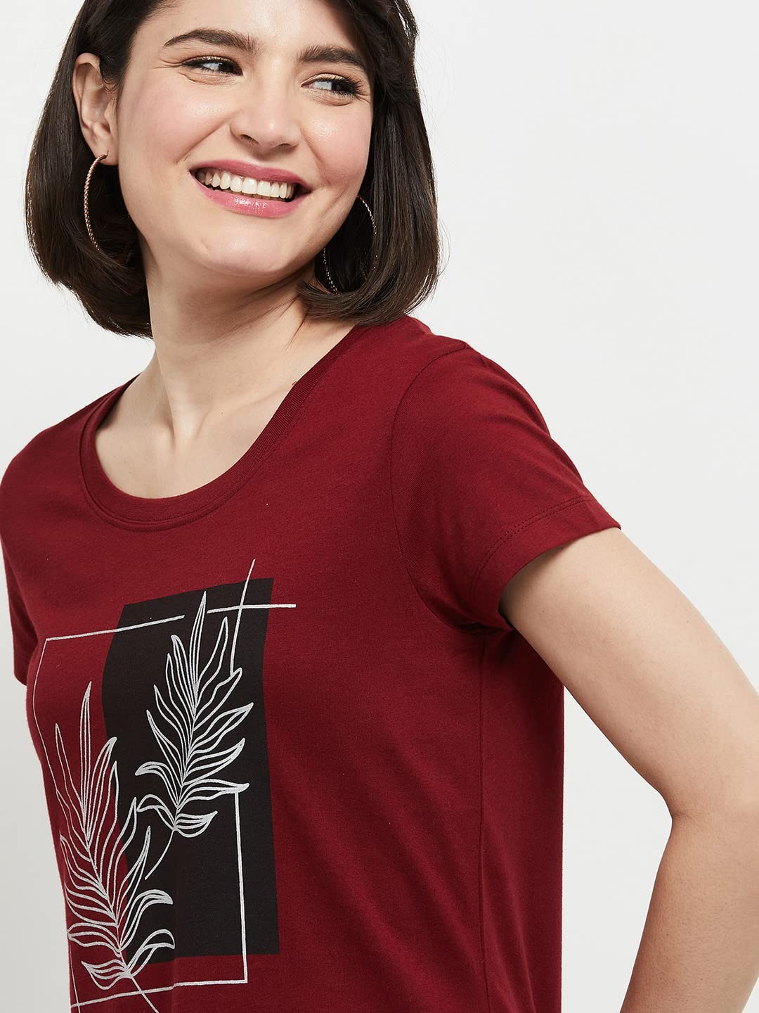 Max Women Cotton Printed Regular Fit Round Neck T-Shirt (Aw22Ccp04Maroon)_XXL
