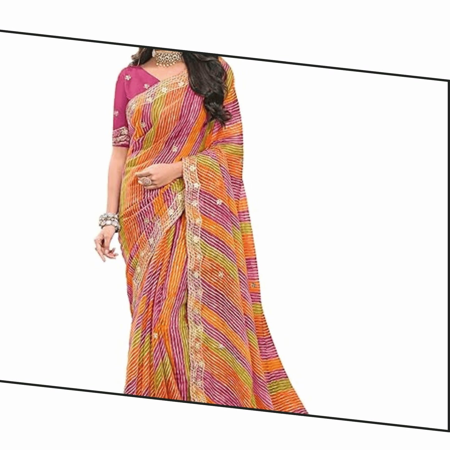 Laxmipati Sarees Women's Zari Work Laheriya Printed Tissue Silk Saree in Multicolor Color with unstitched Blouse Material - Embrace Latest Style And Timeless Elegance in this Exquisite Attire