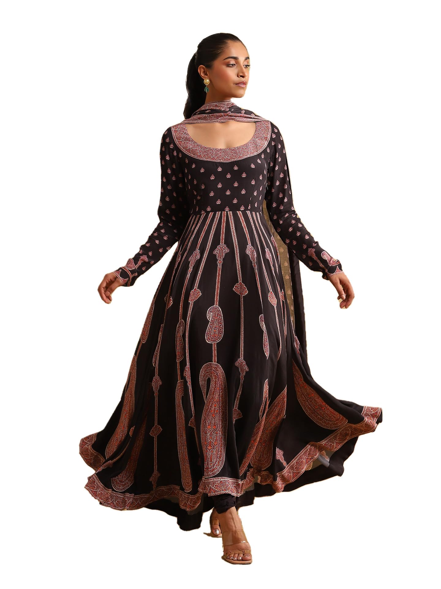 Ritu Kumar Black Printed Crepe Anarkali Kurta with Legging and Dupatta