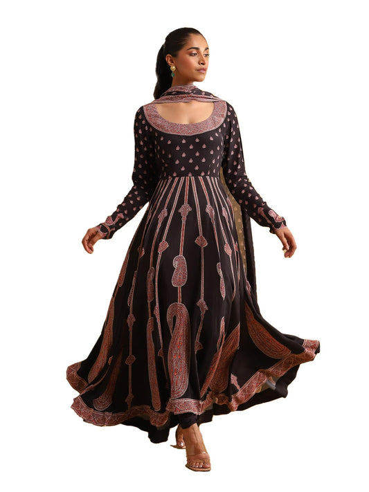 Ritu Kumar Black Printed Crepe Anarkali Kurta with Legging and Dupatta