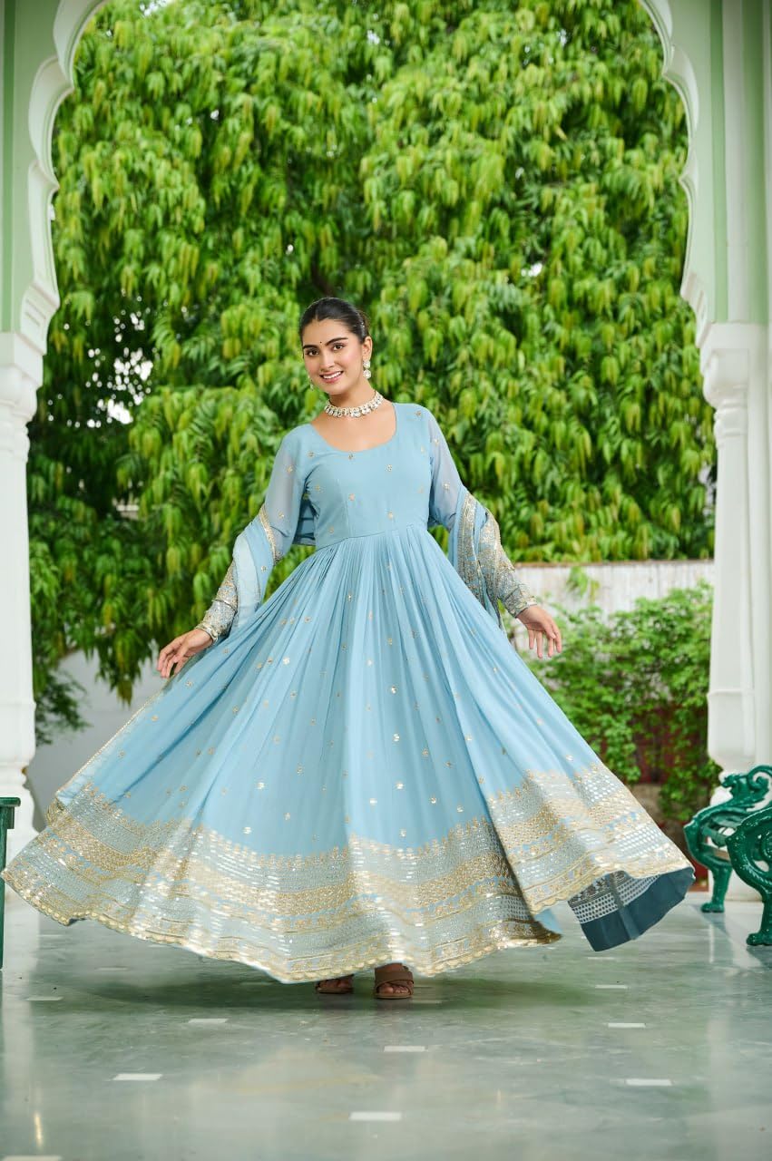 Mehervaa by vinni Women's Anarkali Gown with Dupatta, Sky Blue, Embroidered Golden Border, Long Sleeve, Ethnic (in, Alpha, L, Regular)