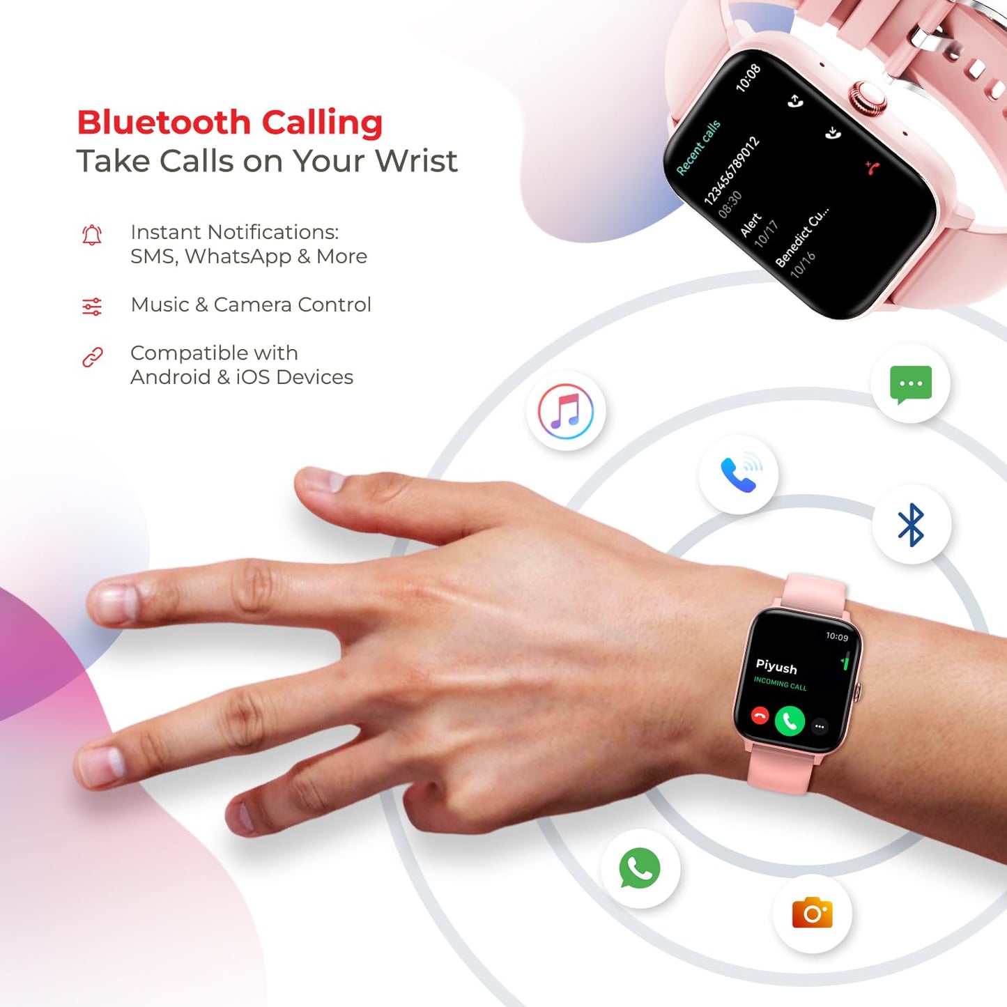 Nervfit Vibe Smartwatch with 1.85" LED Display | Bluetooth Calling | Waterproof | Heart Rate & SpO2 Tracking | Sleep & Stress Monitor | 5-Day Battery | Sports Modes (Orchid Pink)