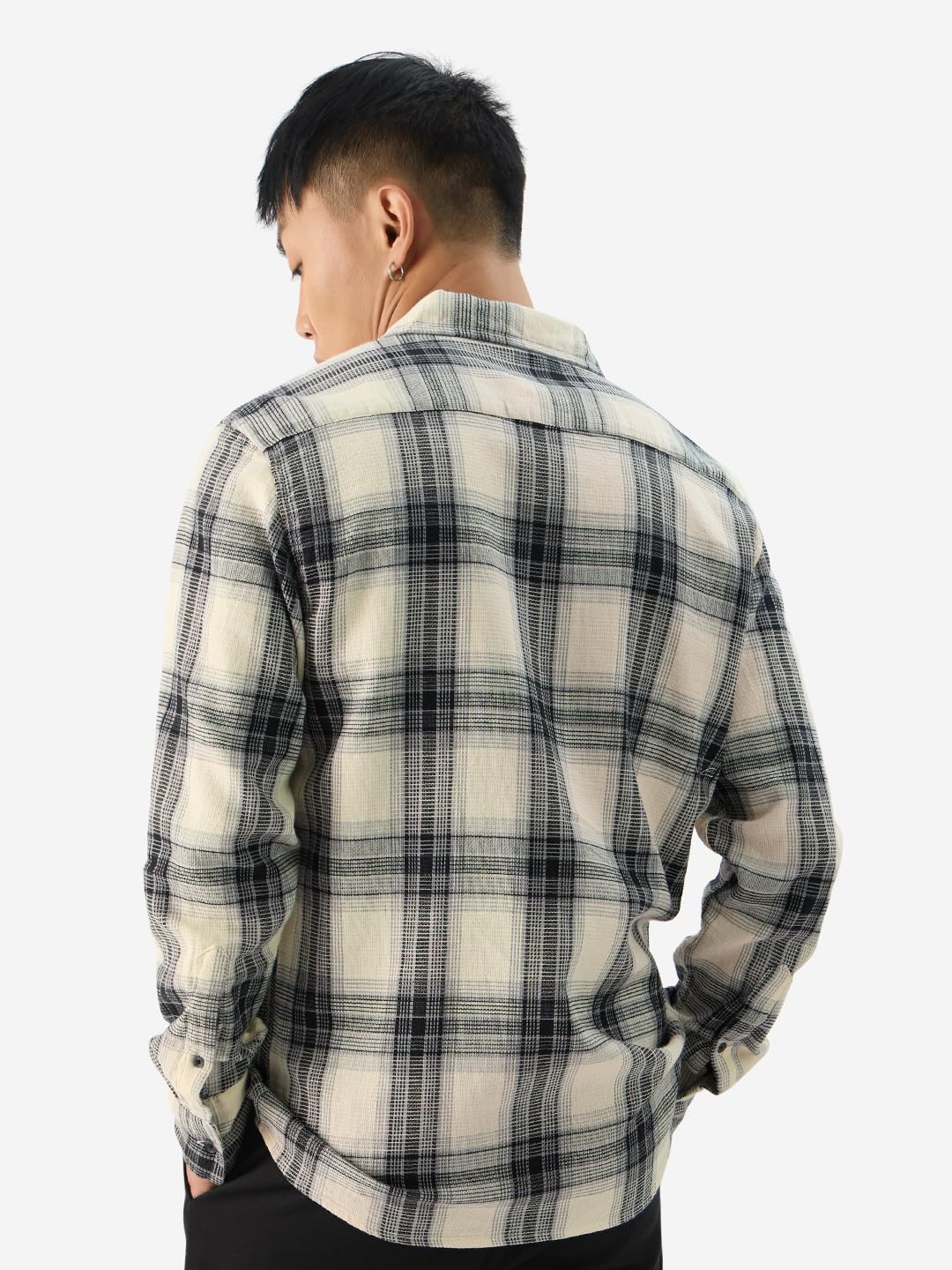 The Souled Store Plaid: Waffle Black Men and Boys Long Sleeve Collared Neck Button Front Regular Fit Cotton Shirts