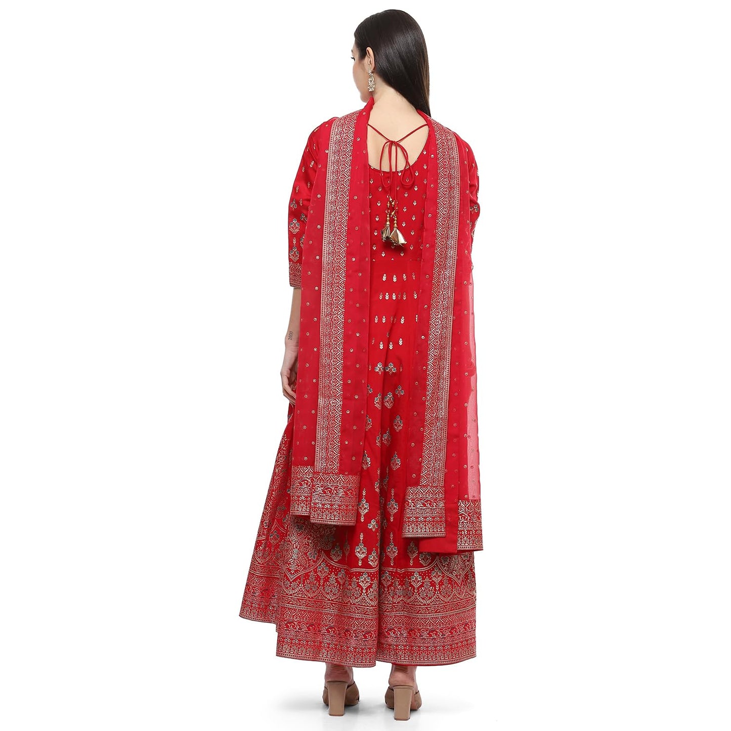 BIBA Silk Women Printed Anarkali Salwar Kurta Dupatta(Skddurgotsa8919_Red_38)