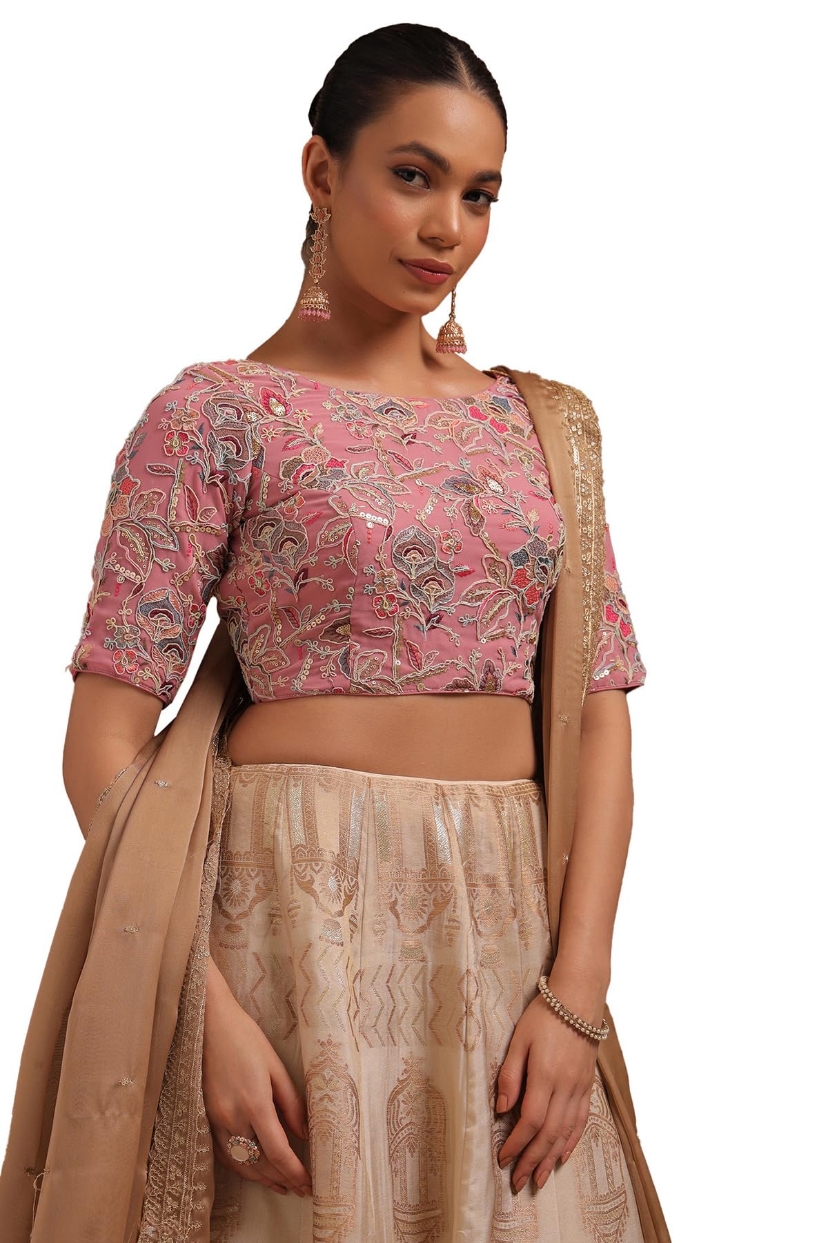 Soch Womens Onion Pink Georgette Embroidered Padded Blouse with Sequins
