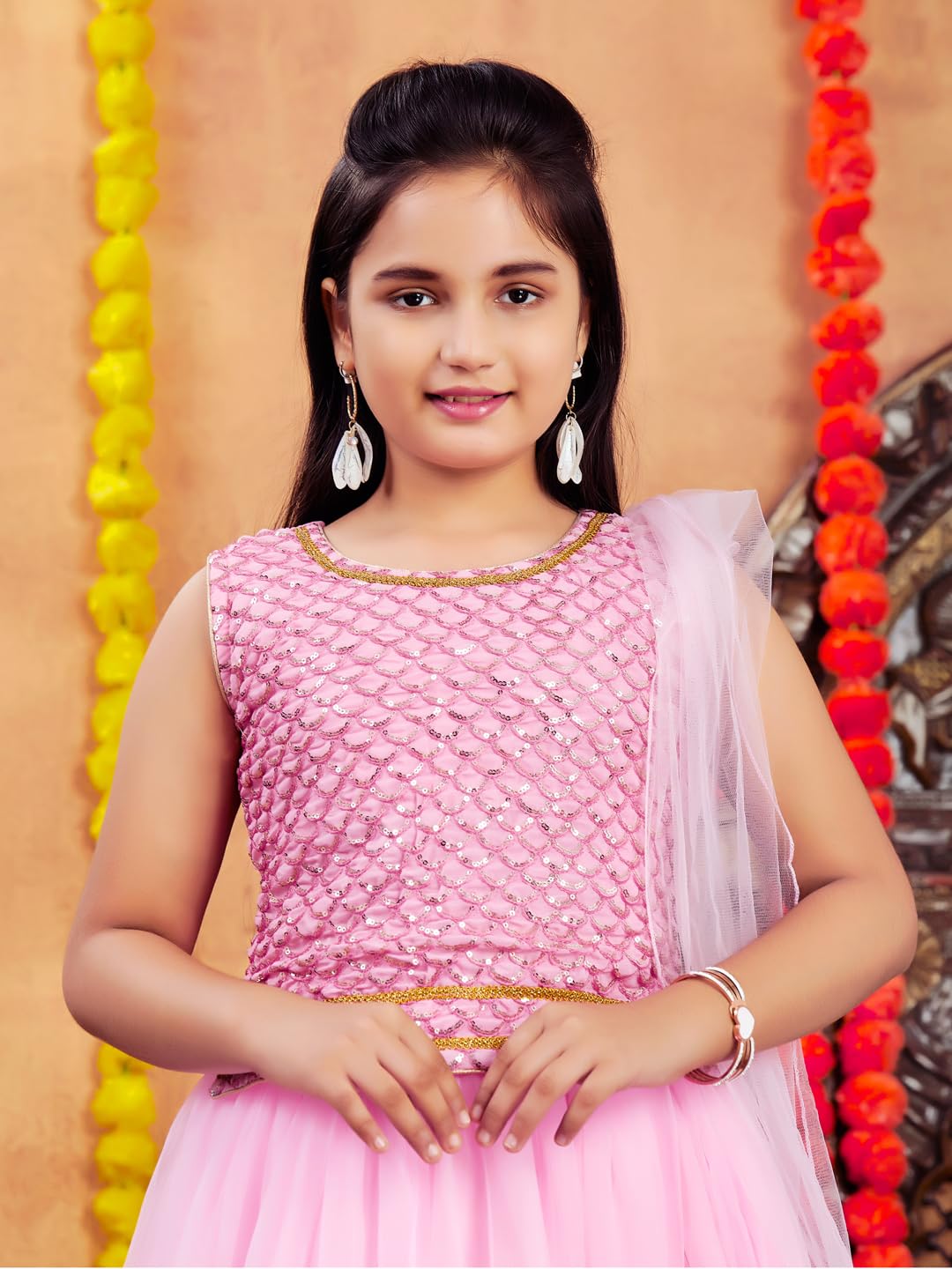 Aarika Girl's Polyester Lehenga Choli Set (LCH-18022_Pink_14-15 Years)