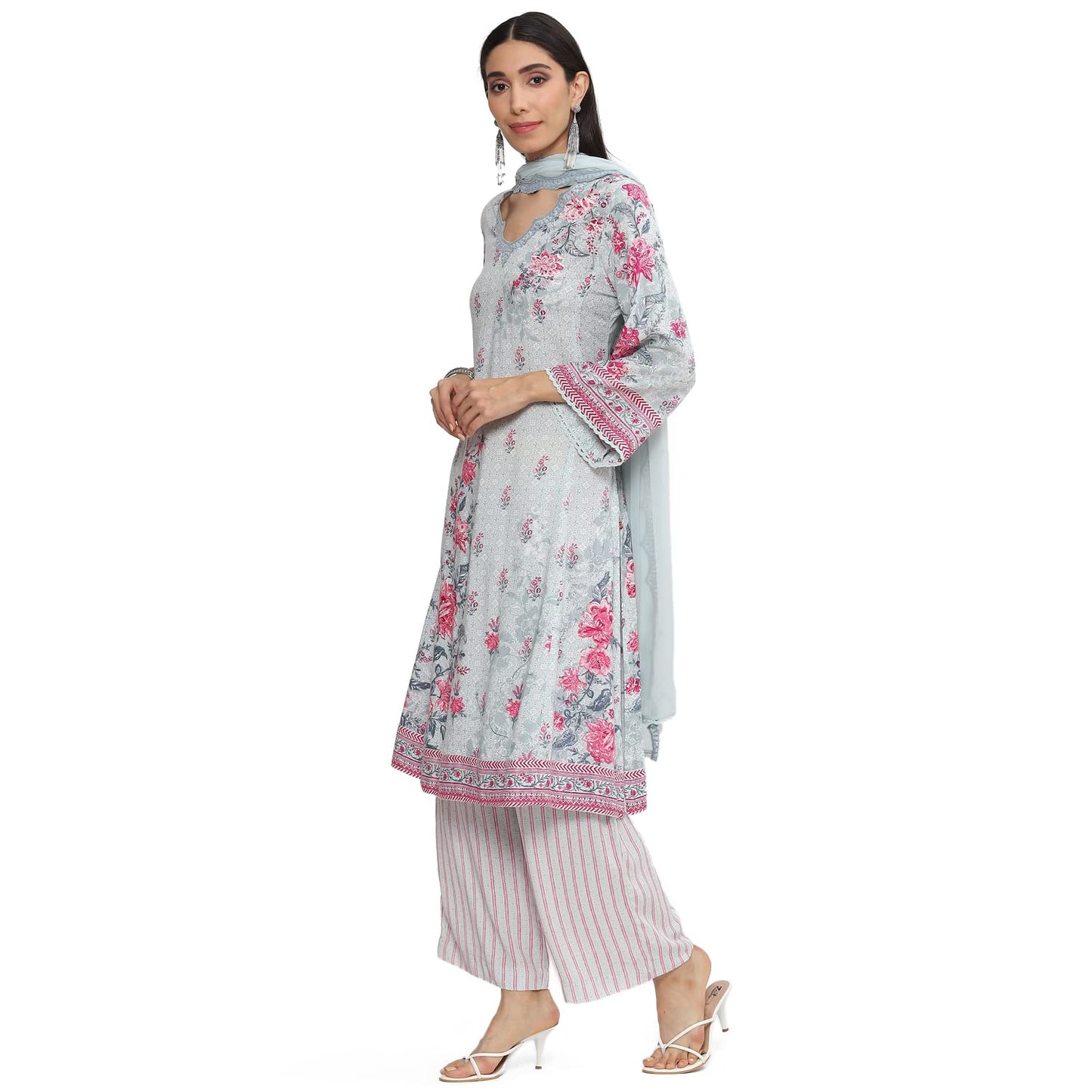 BIBA Women Rayon Printed Straight Salwar Kurta Dupatta(Skdrose Bow8557_Steel Blue_38)