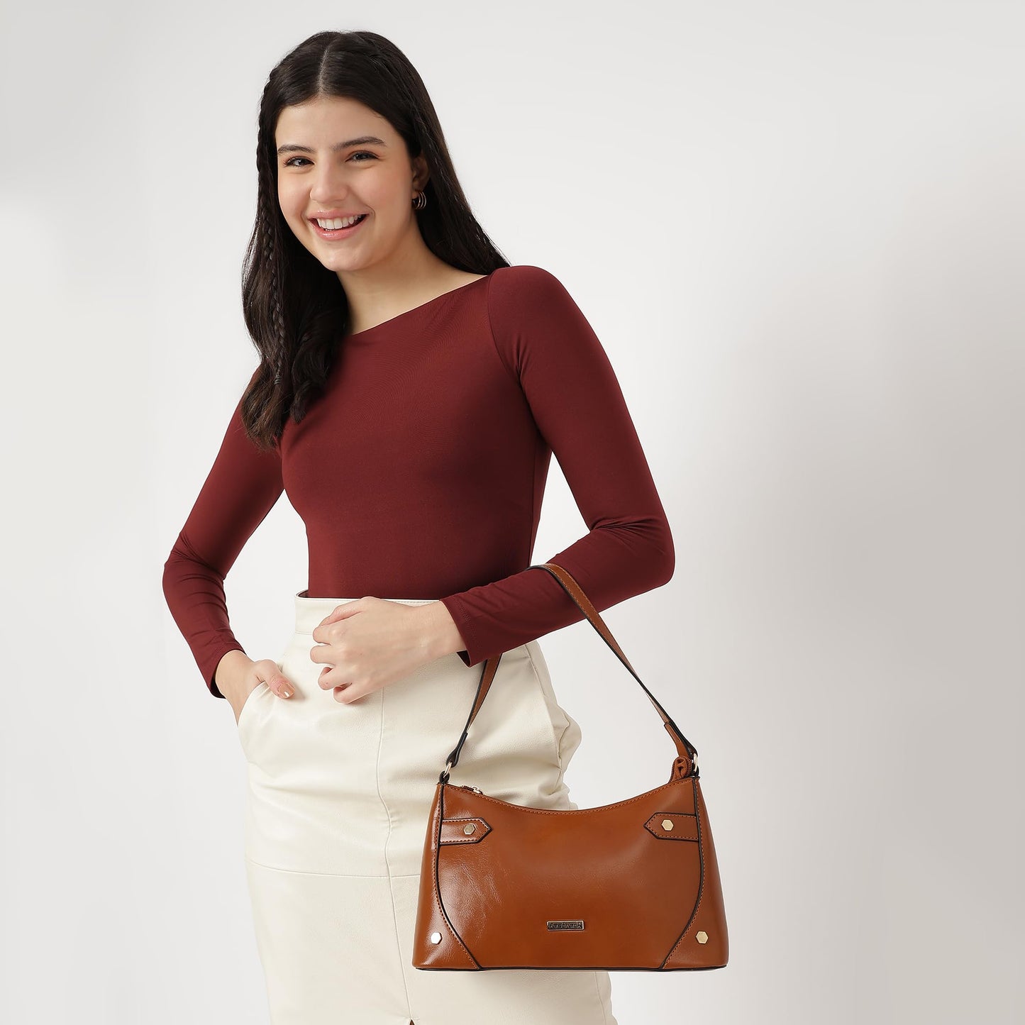 Fastrack Women's Stud Detail Shoulder Bag with Top Zip Closure | Trendy Stitching and Metal Stud Accents, Inner Zip and Slip Pockets | Comfortable Shoulder Strap | Trendy Women's Handbags