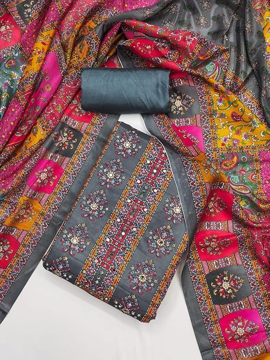 Rubani Women's Pakistani Unstitched Salwar Suit Dress Material Featuring Soft Chinon Fabric and Timeless Floral Prints(Free Size, Grey)