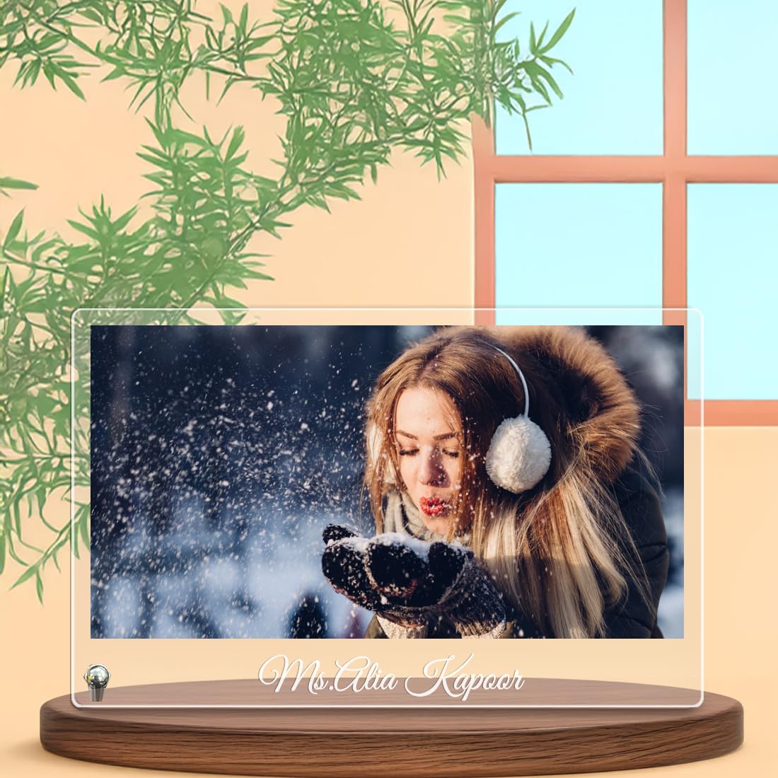 Fashionury Customised Photo and Text Frame Personalized with Metal Removable Stand | Table Top Horizontal Photo Frames | Photo Frame Anniversary and Gift Birthday (Transparent Acrylic, 6 * 9 Inches)