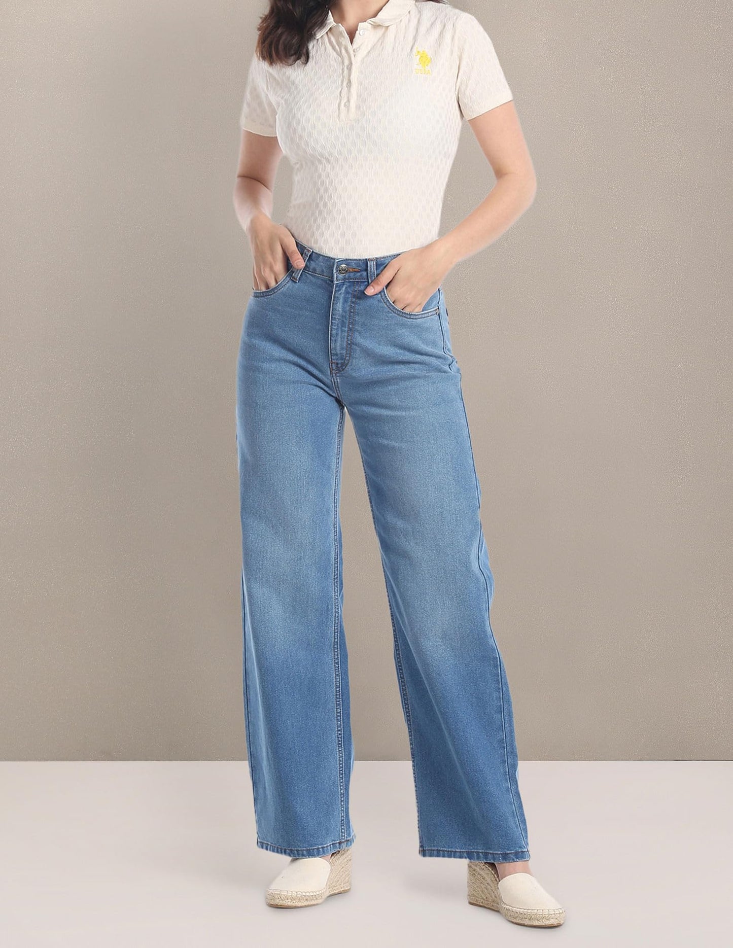 U.S. POLO ASSN. Women's Wide Leg Stone Wash Jeans (UWSS23JN008_Blue_32)