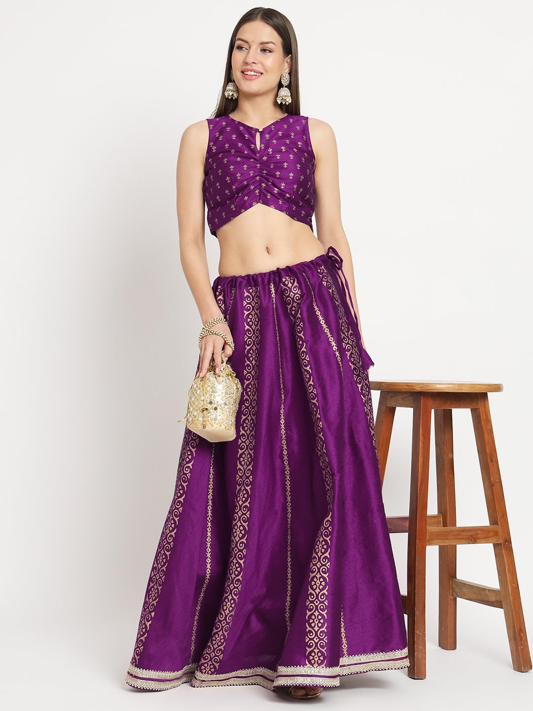 studio rasa Women's Dupion Hand Block Printed Embellished Bias Freesize Skirt for Festive Party Wedding (SKTC52301_Purple)