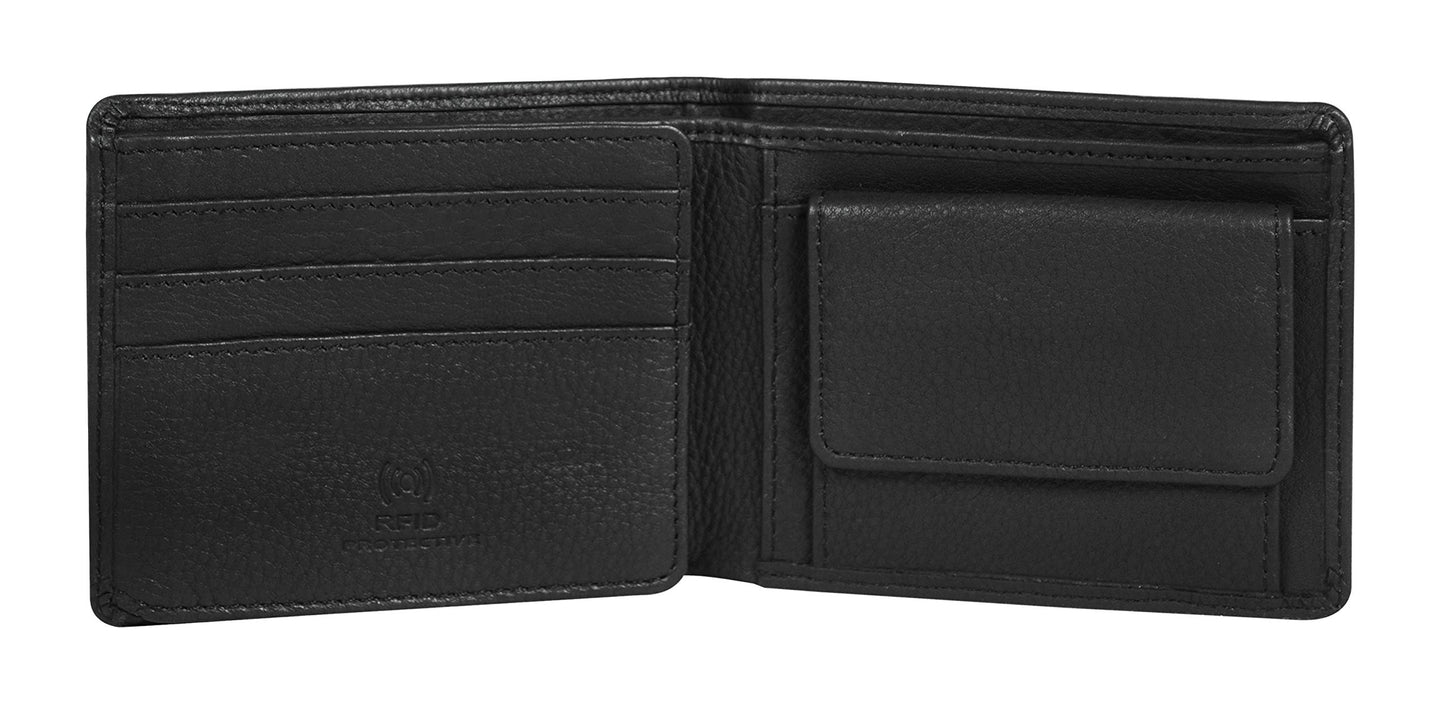 Men's Genuine Leather Bifold Wallet-Multiple Card Slots ID Window with Coin Pocket-Black Leather Wallet by Calfnero