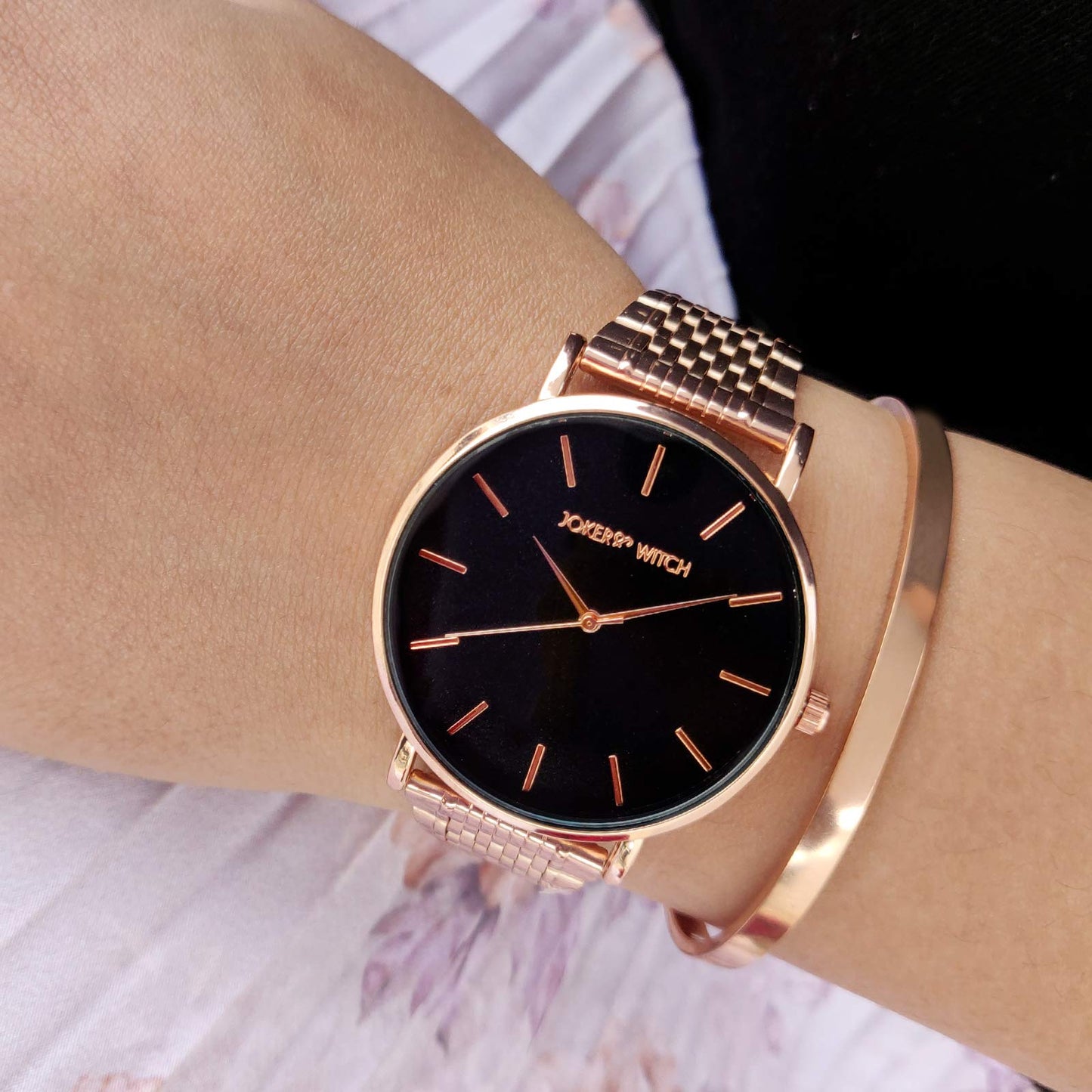 Joker & Witch Stainless Steel Women Sparks Fly Analog Watch Bracelet Stack (Rose Gold), Black Dial, Rose Gold Band