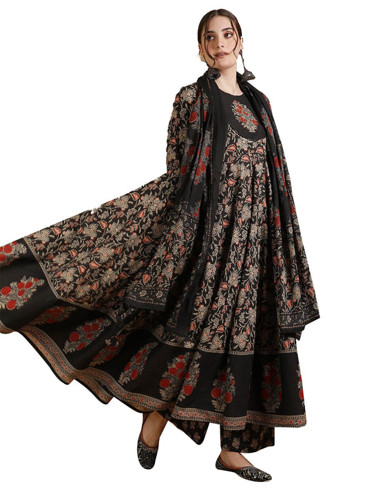 Kimayra Women's Cotton Flared Printed Embroidered A-Line RoundNeck Kurta Suit Set (KIM8008PC3Black_XL, Black)
