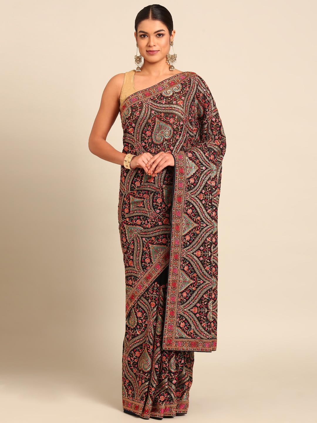 MOHEY Women's Blue Georgette Embroidery|Stone Work Saree with Blouse Piece