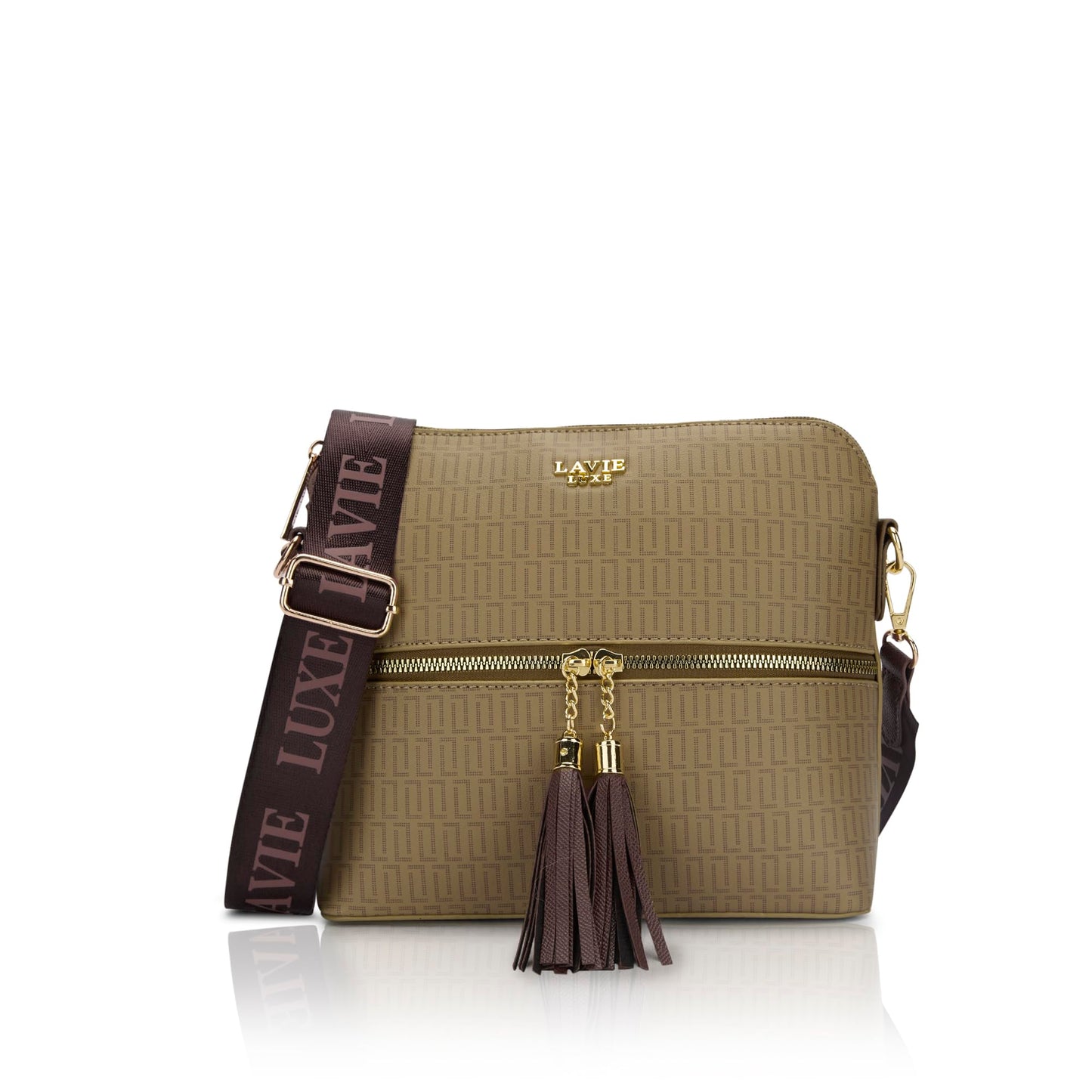 Lavie Luxe Women's Mono Tiara 25 Medium Monogram Print Tassel Cross Body Sling Bag | Ladies Purse Handbag | Ladies Gift