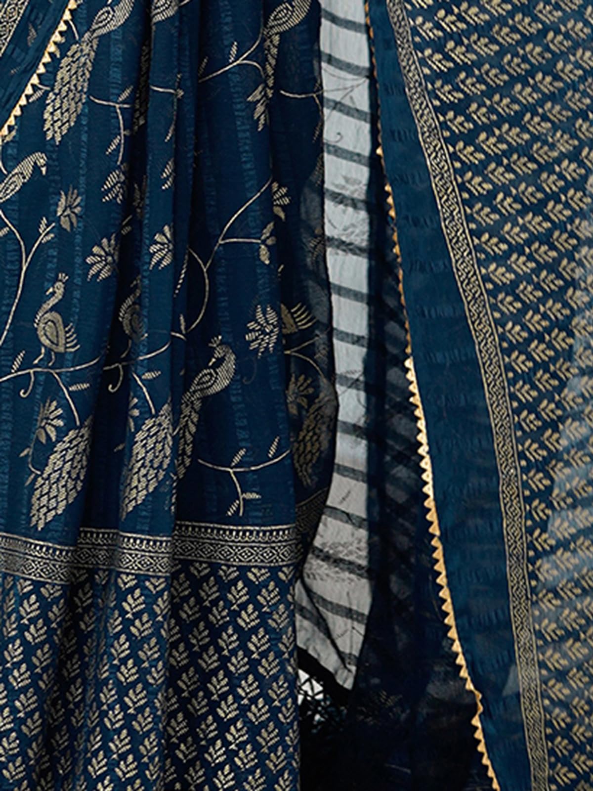Satrani Women's Georgette Foil Printed Gota Lace Self- Woven Saree with Unstitched Blouse Piece (4742S822N_Peacock Blue)