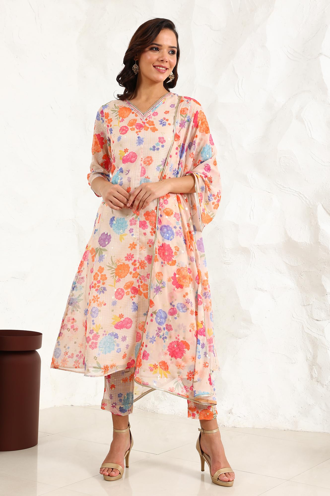 W for Woman Cream Floral Printed Sequined Kota Flared Kurta, Pants and Dupatta Set