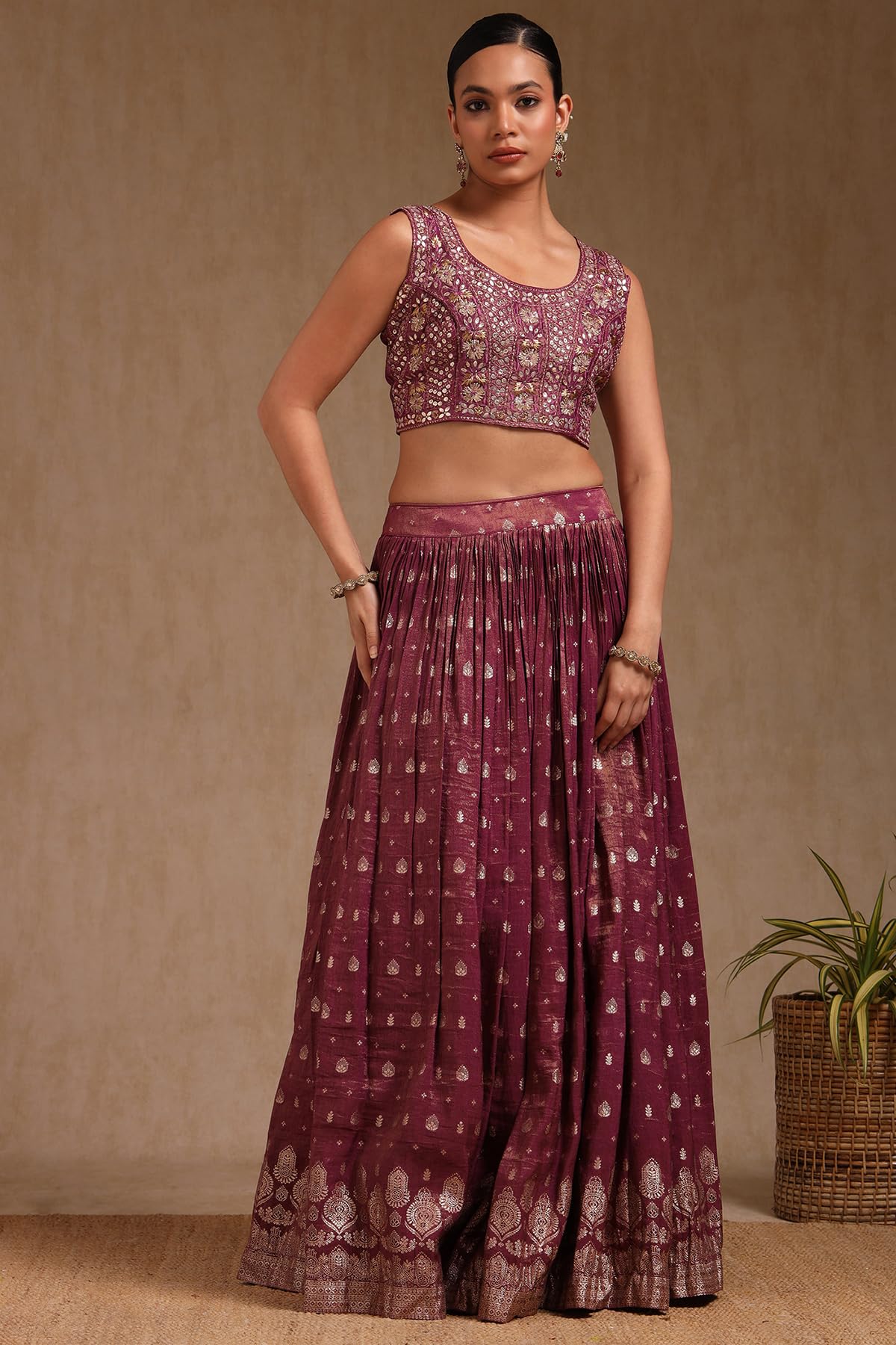 Soch Womens Wine Viscose Blend Embroidered Lehenga Choli With Zari