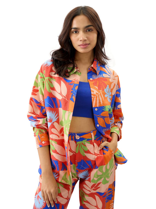 The Souled Store Leafy Charm Women and Girls Long Sleeve Collared Neck Button Down All Over Print Multicolor Oversize Fit Fashionable Trendy Boyfriend Shirts